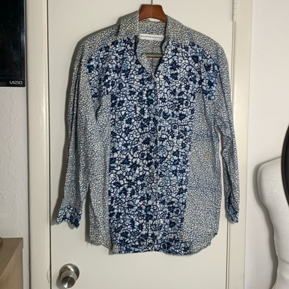 Tony Lambert vintage blue and white batik dyed print men’s button-down S